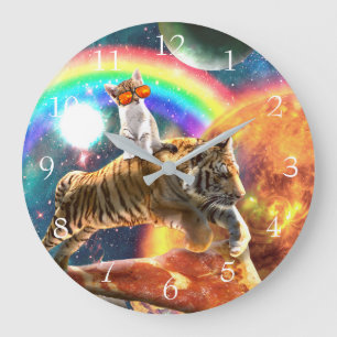 Grande Horloge Ronde Space Galaxy Cat Riding Tiger sur Pizza