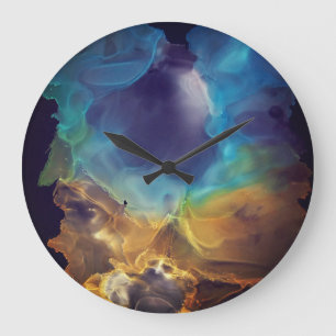 Grande Horloge Ronde Space Nebula bleu jaune Alcool art