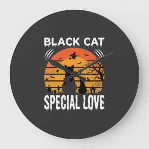 Grande Horloge Ronde Spécial Chat Noir Halloween Amour Design Gothique