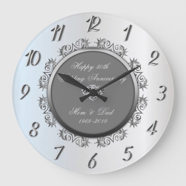 Grande Horloge Ronde Spirales d'argent Diamant 50e anniversaire de mari (Recto)