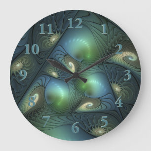 Grande Horloge Ronde Spirales Turquoise Beige Vert Abstrait Fractal Art