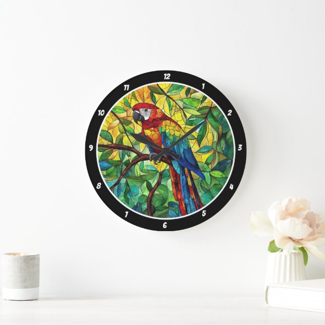 Grande Horloge Ronde Splendor Tropical" - Macaw En Verre Tiré (Maison)