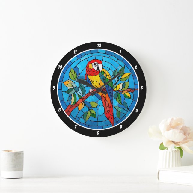Grande Horloge Ronde Splendor Tropical" - Parrot De Verre Tiré (Maison)
