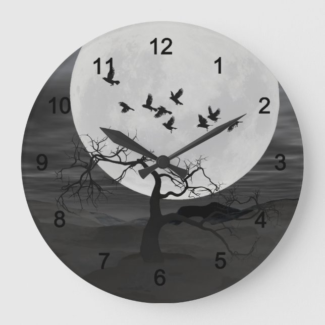 Grande Horloge Ronde Spooky Ravens Flying Against the Full Moon (Recto)