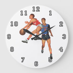 Grande Horloge Ronde Sports vintages, joueurs de basket-ball dans un je