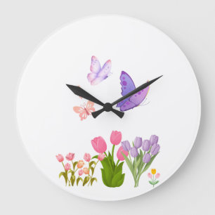 Grande Horloge Ronde Spring Garden Butterfly Wall Clock – Pink Tulips &