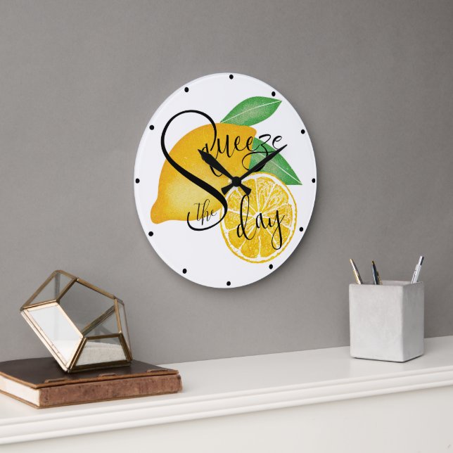 Grande Horloge Ronde Squeeze The Day Tropical Lemons Art Illustration (Bureau)
