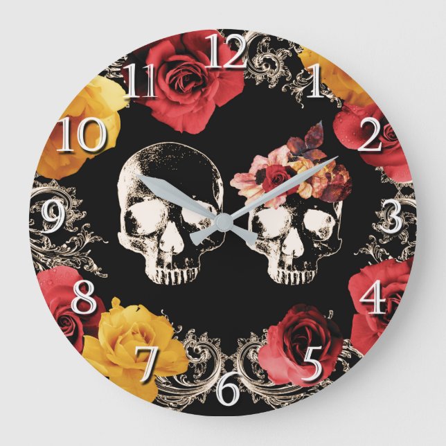 Grande Horloge Ronde Squelette Crâne Rouge Jaune Automne Florale (Recto)