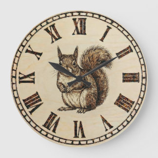 Grande Horloge Ronde Squirrel Wall Clock _ Wood-Burned style 