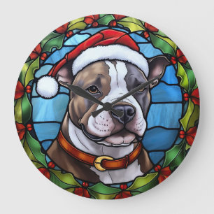 Grande Horloge Ronde Staffordshire Bull Terrier Vitrail Noël