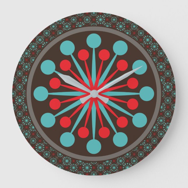 Grande Horloge Ronde Starburst Mid Century moderne rouge Turquoise (Recto)