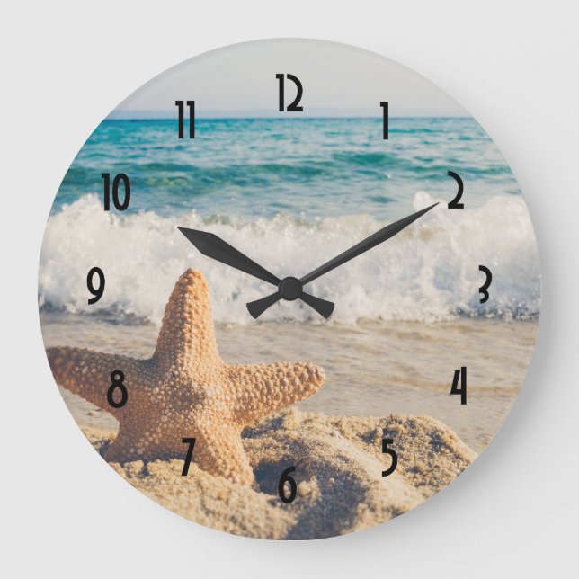 Grande Horloge Ronde Starfish sur une plage de sable Photo (Recto)