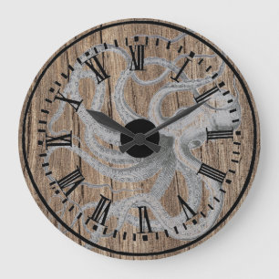 Grande Horloge Ronde Steampunk rustique en bois de pieuvre nautique Vin