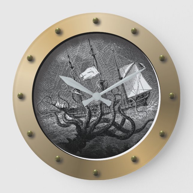 Grande Horloge Ronde Steampunk Ships Porthole Giant Octopus Kraken  (Recto)