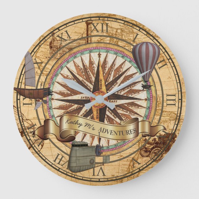 Grande Horloge Ronde Steampunk Travel Antique Carte Compass Adventure (Recto)