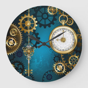 Grande Horloge Ronde Steampunk turquoise Background with Gears