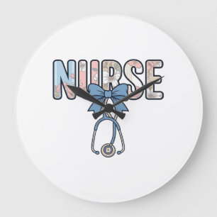Grande Horloge Ronde Stéthoscope Nurse Bow Floral Vintage