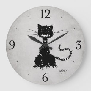 Grande Horloge Ronde Stone Gris Ragged Evil Black Cat