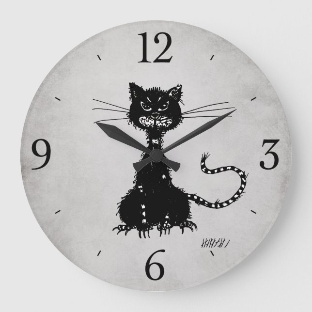 Grande Horloge Ronde Stone Gris Ragged Evil Black Cat (Recto)