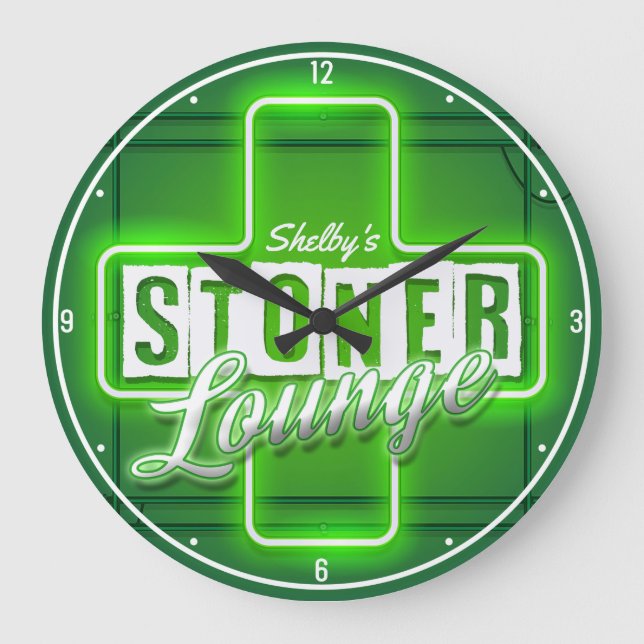Grande Horloge Ronde Stoner Lounge personnalisé NOM Faux Neon Bar (Recto)
