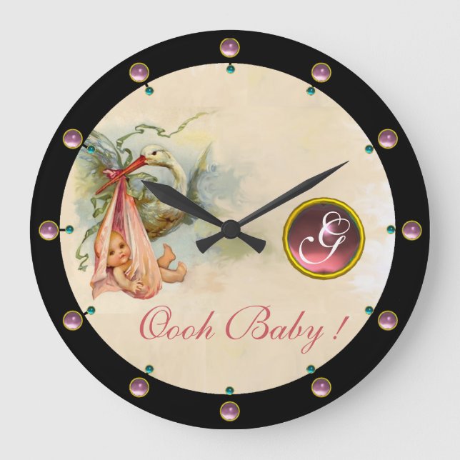 GRANDE HORLOGE RONDE STORK BABY GIRL SHOWER PINKGEM STONE MONOGRAM (Recto)