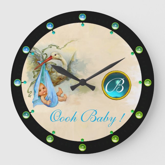 GRANDE HORLOGE RONDE STORK BÉBÉ GARÇON DOUCHE BLEU GEMSTONE MONOGRAM (Recto)