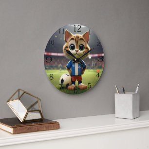 Grande Horloge Ronde "Striker Purr-fect : Le Chat de Football 3D"