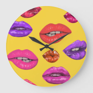 Grande Horloge Ronde Style années 80 : des lèvres colorées motif.
