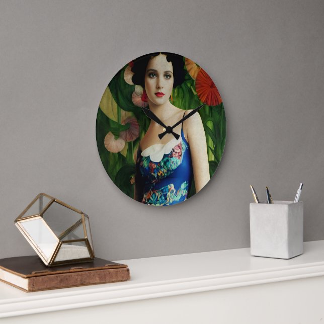 Grande Horloge Ronde Style Art Déco Elégant Femme avec Grandes Fleurs A (Bureau)