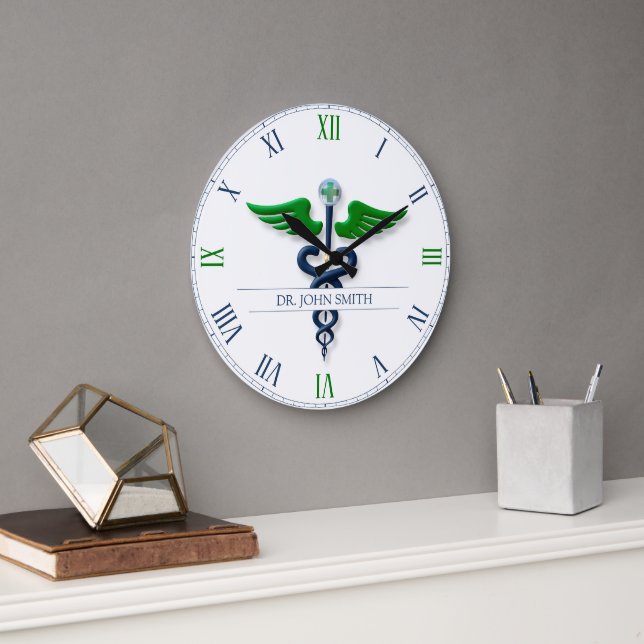 Grande Horloge Ronde Style Caduceus Green Wings Croix Bleu Médicale (Bureau)