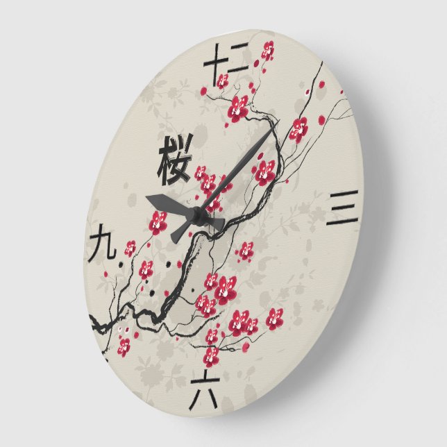 Grande Horloge Ronde Style oriental Sakura Cherry Blossom Art (Angle)
