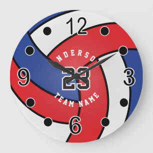 Grande Horloge Ronde Style Volleyball rouge, blanc et bleu avec do-it-y