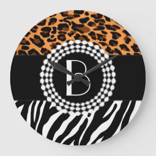 Grande Horloge Ronde Stylish Animal Prints Zebra et Leopard Patterns