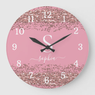 Grande Horloge Ronde Stylish Pink Glitter Monogram Script