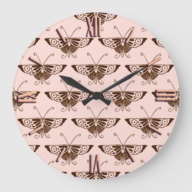 Grande Horloge Ronde Stylized art Deco butterfly - chocolate and peach (Recto)