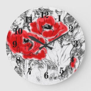 Grande Horloge Ronde Stylo dessiné à la main des pavots rouges fleurs f