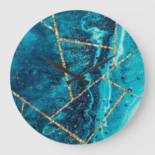 Grande Horloge Ronde Stylo Marine Blue Gold Agate Géode Chic Monogramme