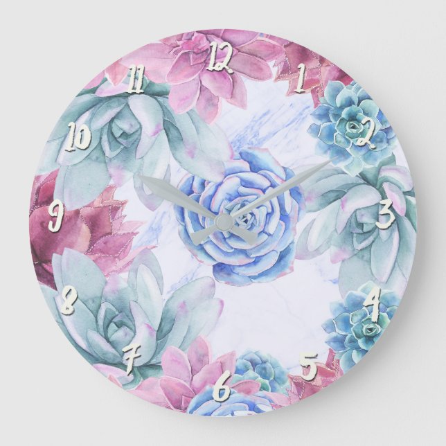 Grande Horloge Ronde Succulents Moderne Chic Fiesta Jardin Floral Blanc (Recto)