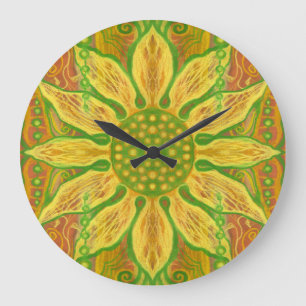 Grande Horloge Ronde Sun Flower bohème floral art jaune vert orange
