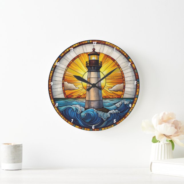 Grande Horloge Ronde Sunny Lighthouse Vagues de verre tendu (Maison)