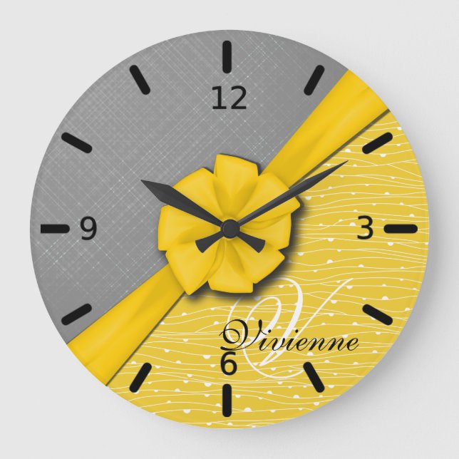 Grande Horloge Ronde Sunny Ribbon, Two Tone Yellow Waves Grey Fabric (Recto)