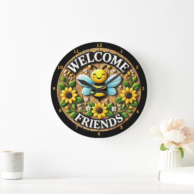 Grande Horloge Ronde Sunshine Bee Welcome Friends (Maison)
