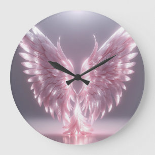 Grande Horloge Ronde symbole d'aile d'ange rose clair argenté
