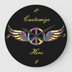 Grande Horloge Ronde Symbole de paix hippie à ailes Thunder_Cove