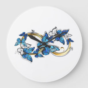 Grande Horloge Ronde Symbole infini de papillons Morpho bleus