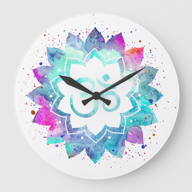 Grande Horloge Ronde *~* Symbole Lotus OM AUM Fleur Aquarelle Mandala (Recto)