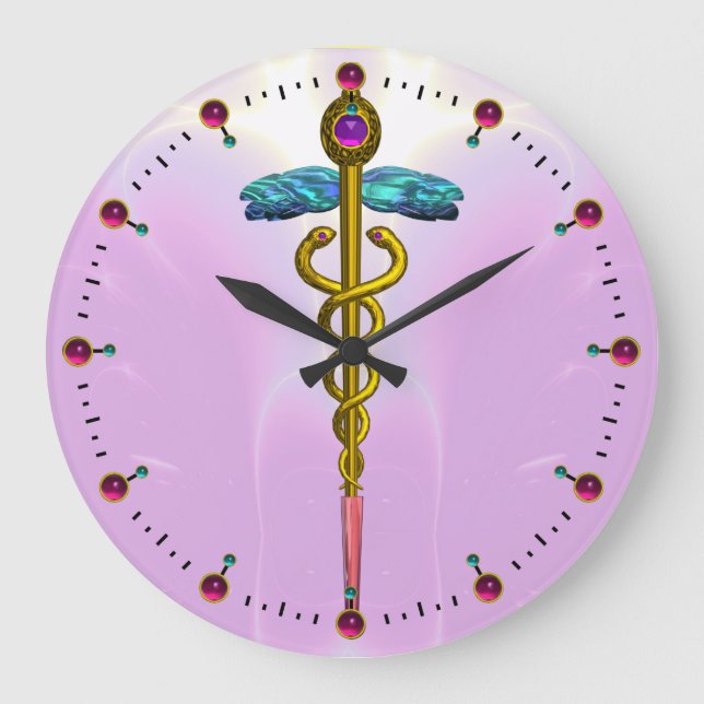 Grande Horloge Ronde Symbole médical caducée doré rose clair (Recto)