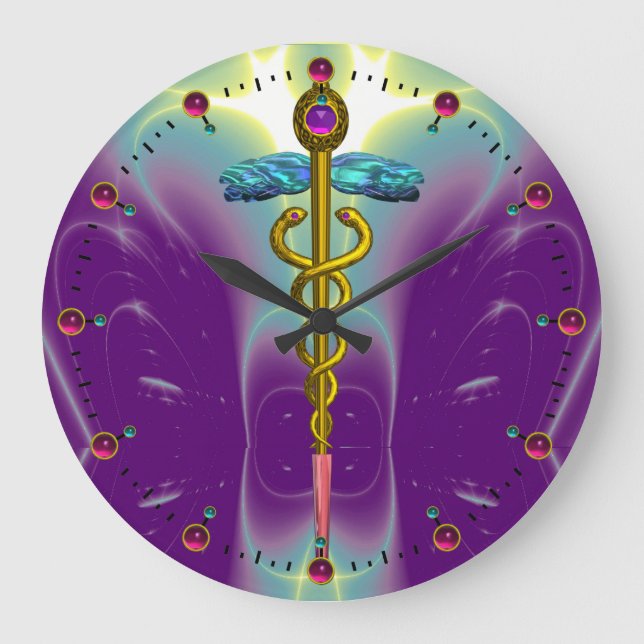 Grande Horloge Ronde Symbole médical Caducée Or Violet Vert Turquoise (Recto)