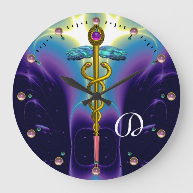 Grande Horloge Ronde Symbole médical GOLD CADUCEUS Bleu Violet Monogram (Recto)