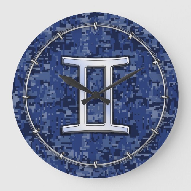 Grande Horloge Ronde SYMBOLE Zodiaque Gemini Camouflage numérique bleu (Recto)